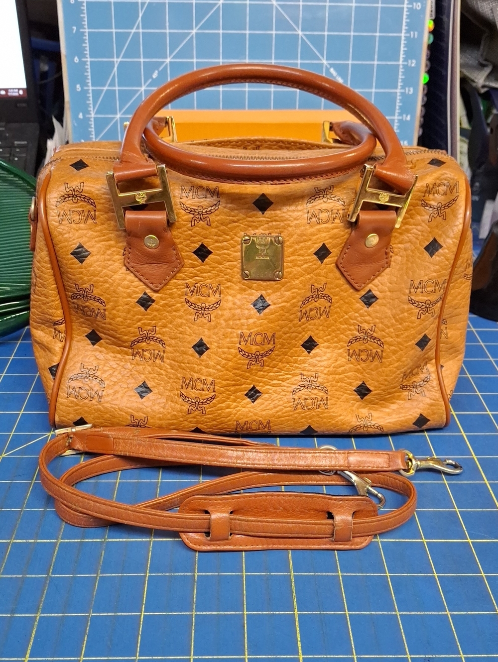 MCM Cognac Visetos Monogram Satchel Gold Hardware Removable Adj Strap Preloved - Picture 1 of 16